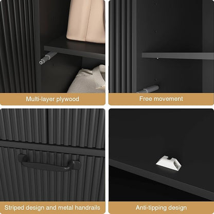 Black Fluted Wardrobe Closet with Mirror and Light, 3-Door Armoire Wardrobe with 2 Drawers, Hanging Rod, Shelves, Freestanding Bedroom Storage Cabinet