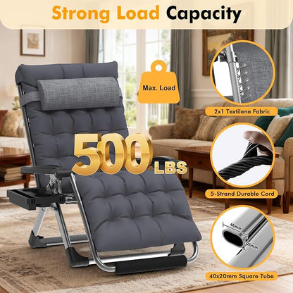 Slendor Oversized Zero Gravity Chair XXL, 33IN Outdoor Recliner Chair w/Removable Cushion&Headrest, Camping Lounge Chair w/Upgraded Lock&Footrest, Reclining Patio Chairs, Support 500lbs, Dark Gray