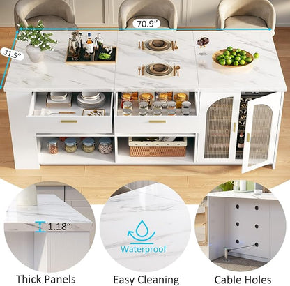 IBF 71" Large Kitchen Island with Storage, White Faux Marble Island table with Seating for 4-6, Stationary Island Cabinet with Drawers & Fridge Space, Modern Wood Counter Height Island Bar, Only Table