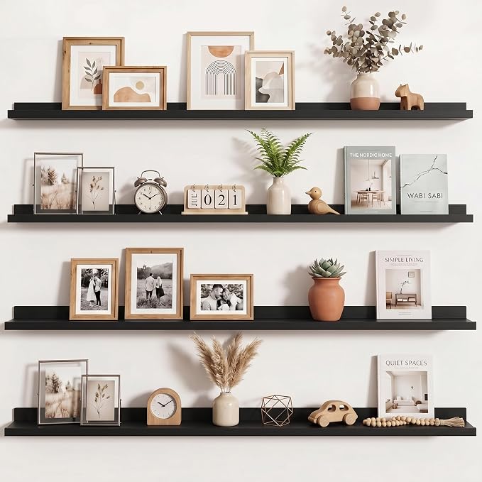 Axeman Picture Ledge Shelf | 55 Inch Black Floating Shelves Set of 4 | Rustic Wood Wall Shelves with Lip | 55" Black Picture Shelves for Wall with Ledge | Photo Shelves