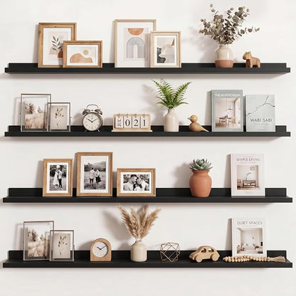 Axeman Picture Ledge Shelf | 55 Inch Black Floating Shelves Set of 4 | Rustic Wood Wall Shelves with Lip | 55" Black Picture Shelves for Wall with Ledge | Photo Shelves