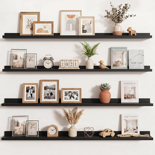 Axeman Picture Ledge Shelf | 55 Inch Black Floating Shelves Set of 4 | Rustic Wood Wall Shelves with Lip | 55" Black Picture Shelves for Wall with Ledge | Photo Shelves