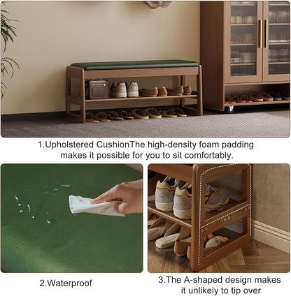 AQIMUELE Shoe Rack Bench,2 Tiers Shoe Bench with Storage with Flip-Top,Wood Shoe Rack for Entryway,Hallway（Green Upholstered Seat,11.8" D x 23.62" W x 15.7" H