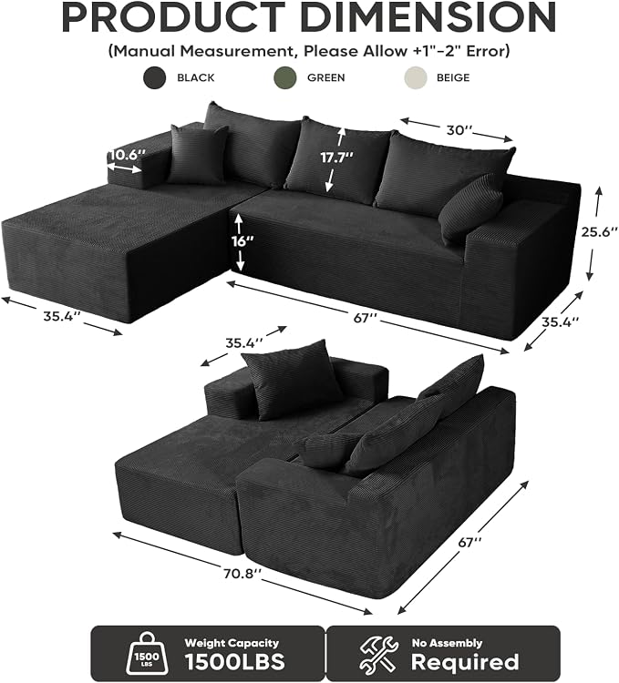 Boneless Couch, 102.4" Sectional Couches for Living Room with L Shape Sofa | Cloud Couch Sectional with Chaise, Modular Cloud Sofa with Deep Seat, No Assembly, Black, Corduroy, Left Chaise