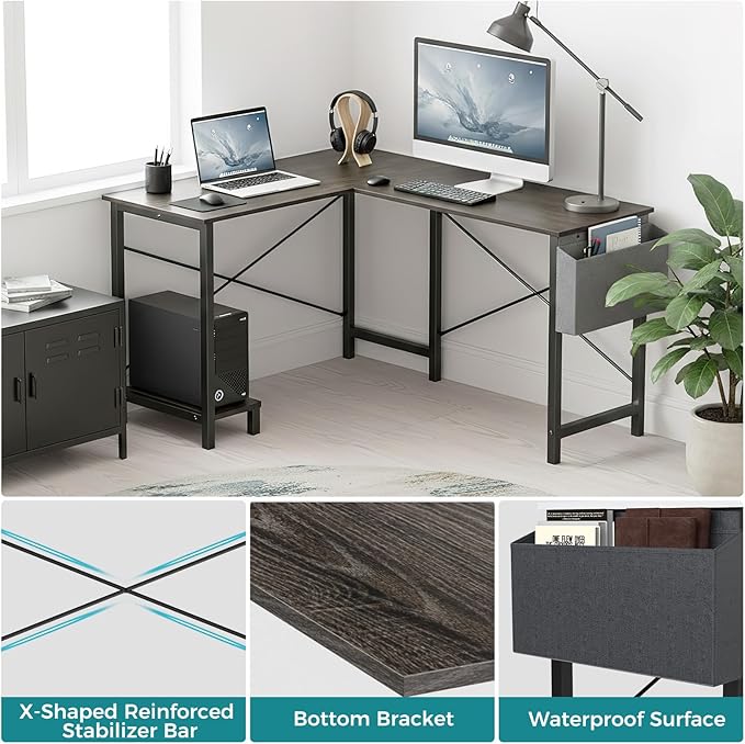 OLIXIS 50-Inch L Shaped Desk, Grey Office Computer Gaming Desk Corner PC Table with Side Bag and Reversible Shelf for Home Work Study Writing, Sturdy Durable Design with Easy Setup