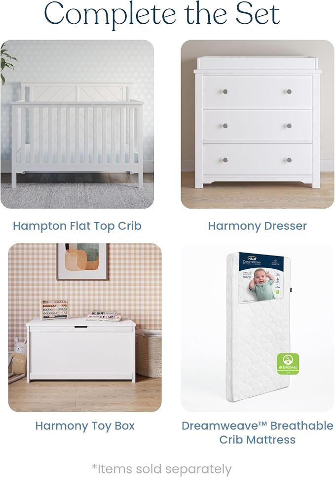 Child Craft Hampton Flat Top 4-in-1 Convertible Crib, Baby Crib Converts to Day Bed, Toddler Bed and Full Size Bed, 3 Adjustable Mattress Positions, Non-Toxic, Baby Safe Finish (Matte White)