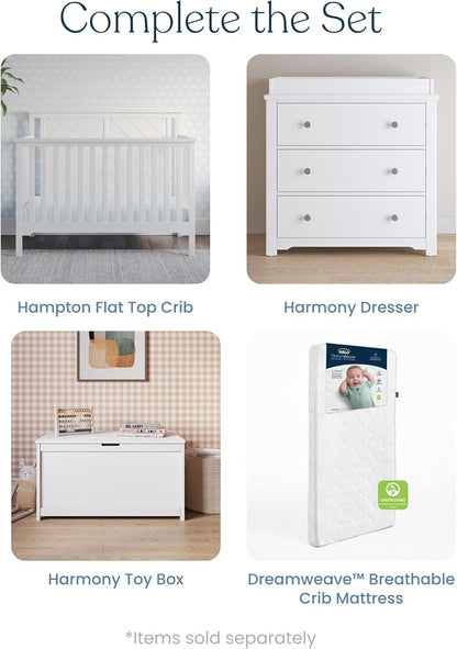 Child Craft Hampton Flat Top 4-in-1 Convertible Crib, Baby Crib Converts to Day Bed, Toddler Bed and Full Size Bed, 3 Adjustable Mattress Positions, Non-Toxic, Baby Safe Finish (Matte White)