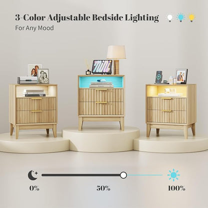 LVSOMT 20“ W Fluted LED Nightstand with Charging Station, RFID Lock, Wood | Bedside Table with Hidden Drawer, 2 Drawers, Open Cubby, Motion Sensor, USB and Type-C Ports, Night Stand for Bedroom