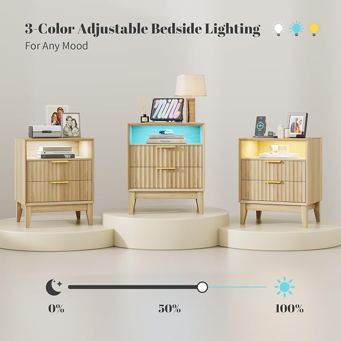 LVSOMT 20'W Fluted Nightstand Set of 2, Night Stand with Charging Station and LED Lights, RFID Lock Hidden Drawer, Mid Century Morden Bedside Table for Bedroom, Open Storage Cubby, Natural Oak