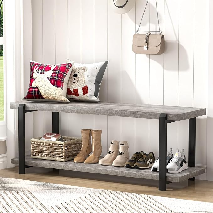 FOLUBAN Entryway Bench, Vintage Wood and Metal Shoe Bench for Hallway Front Door Entrance, Farmhouse Indoor Shoe Storage Bench Seat for Bedroom, Living Room, Light Grey, 47 Inch