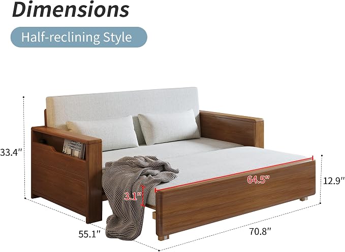 71" Convertible Sofa Sleeper with Storage Armrest, 3-in-1 Sectional Sofa Bed with Chaise, Plush Upholstered Couch, Pull Out Bed, Solid Wood Frame, Modern Grey for Living Room Apartment Office