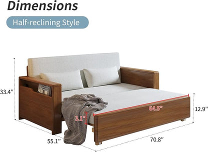 71" Convertible Sofa Sleeper with Storage Armrest, 3-in-1 Sectional Sofa Bed with Chaise, Plush Upholstered Couch, Pull Out Bed, Solid Wood Frame, Modern Grey for Living Room Apartment Office