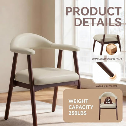 MALOL Leather Dining Chair with Armrest Set of 4, Upholstered Dining Room Chair with Curved Back and Wood Legs, Mid Century Modern Kitchen Chairs for Kitchen Dining Room,Khaki