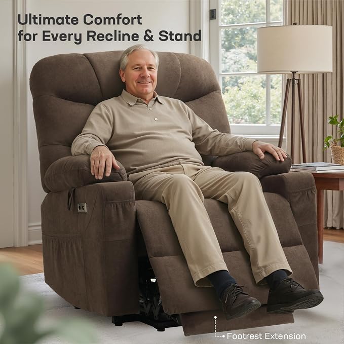 Tami Tami Dual Motor Power Lift Chair Recliner for Elderly with Massage and Heat, Infinite Position Electric Lift Recliner with USB A&C, Cup Holders (T6012 - Linen Fabric, Brown, Oversized)