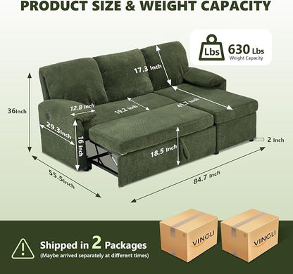 VINGLI Sectional Sleeper Sofa with Pull Out Couch Bed, 85 Inch L-Shaped Convertible Sofa Bed, 5 Seat Modular Sectional Couches for Living Room with Storage Chaise, USB Charging, Side Pockets
