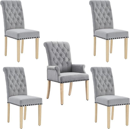 AODCHR Upholstered Fabric Accent Dining Chair Set of 5, Elegant Tufted Dining Room Chairs, Kitchen Room 1 Arm with 4 Armless, Light Grey