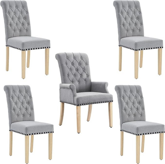AODCHR Upholstered Fabric Accent Dining Chair Set of 5, Elegant Tufted Dining Room Chairs, Kitchen Room 1 Arm with 4 Armless, Light Grey