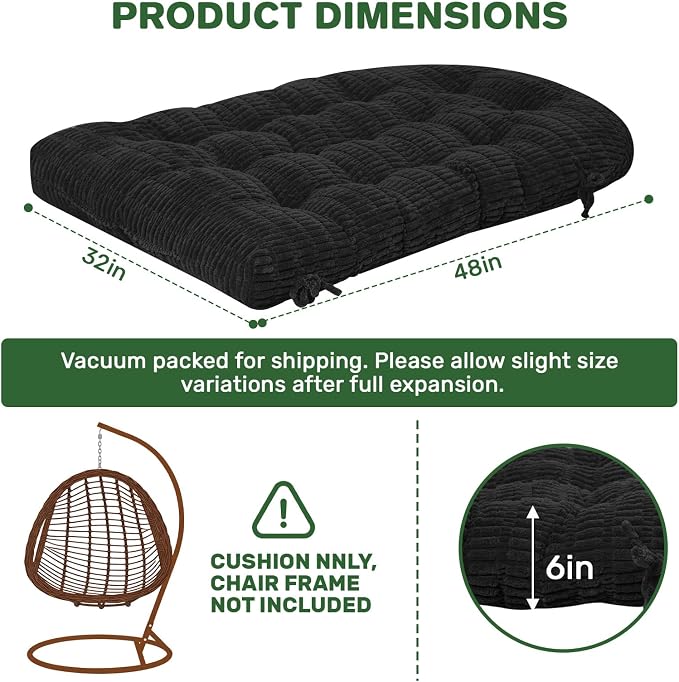 idee-home Egg Chair Cushion Replacement, Tufted Hanging Egg Chair Cushions | Oversized Wicker Swing Cushion with Corduroy Cover for Indoor Hammock Basket Chair, Black (Chair Not Included), 48x32 Inch