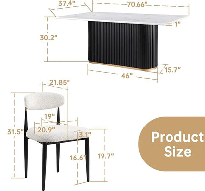 Morden Fort Modern Dining Table Set for 4, 70" Kitchen Table with Marble Rectangle Top and Black Fluted Base, 4 Boucle Upholstered Chairs for Dining Room, Restaurant and Reception