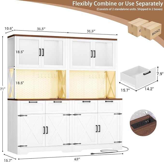Unikito 71" Tall Kitchen Pantry Storage Cabinet with LED Light & Outlet, 63" Wide Kitchen Hutch Cabinet with Large Countertop, DIY Pegboard and Drawers, Farmhouse Food Pantry for Living Room,