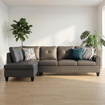 L-Shaped Sectional Sofa, Modern 4-Seat Couch with Left Facing Chaise, Leather Sectional Couch for Living Room, Apartment, Office, Dark Grey