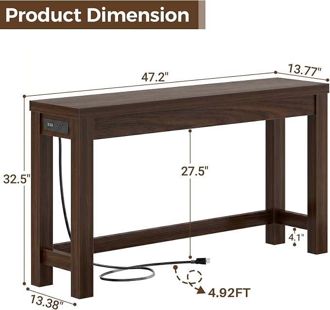 Cyclysio 47" Console Table with Charging Station, 13.8" Deep Farmhouse Sofa Table Behind Couch with 2 AC Outlets & 3 USB Ports, Entryway TV Console or Compact Home Office Desk, Black Walnut