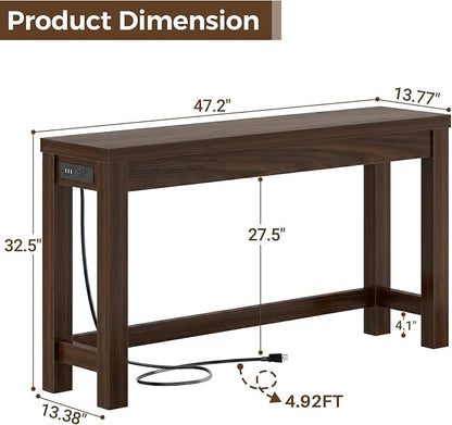 Cyclysio 47" Console Table with Charging Station, 13.8" Deep Farmhouse Sofa Table Behind Couch with 2 AC Outlets & 3 USB Ports, Entryway TV Console or Compact Home Office Desk, Black Walnut
