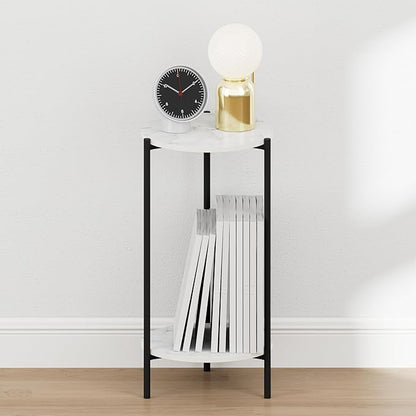 Furinno BESI Night Stand, 2-Tier Tall Round Nightstand with Metal Legs, Metal Frame Narrow End Table with Open Shelf, Side Table, Bedside Table, for Bedroom, Closet, Dorm, Marble White