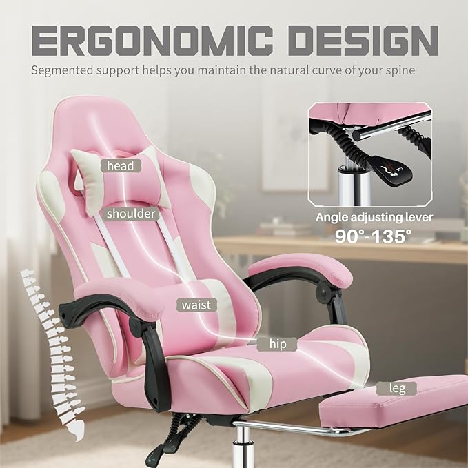 DUMOS Ergonomic Gaming Office Desk Chair with Footrest and Headrest for Adults, PU Leather Video Computer Chair with Linkage Armrests, Height Adjustable 360° Swivel Recling, White Pink