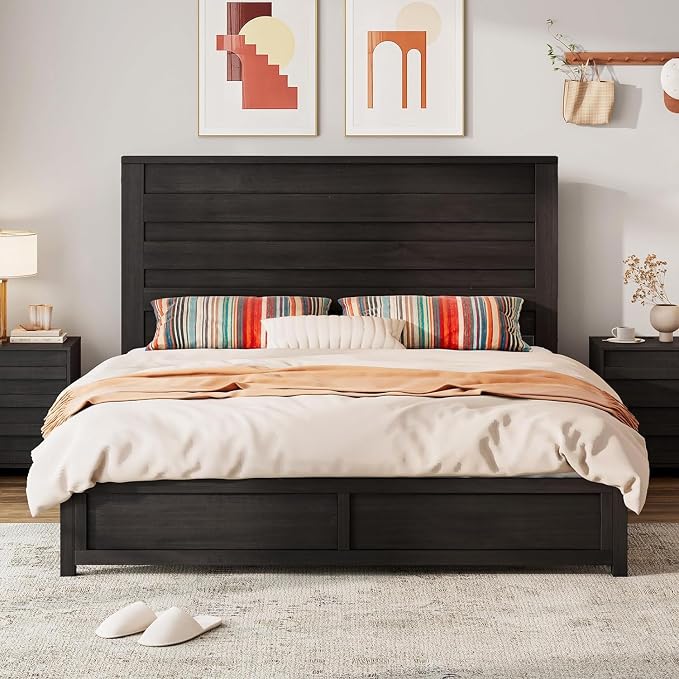 LUXOAK 2 Pcs Bedroom Furniture Sets - Includes 1 X Farmhouse 6 Drawers Dresser, 1X Farmhouse Full Size Bed Frame with 49" Tall Headboard, Wooden Platform Bed with Hidden Metal Bed Frame, Black