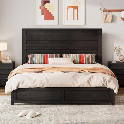 LUXOAK 2 Pcs Bedroom Furniture Sets - Includes 1 X Farmhouse 6 Drawers Dresser, 1X Farmhouse Full Size Bed Frame with 49" Tall Headboard, Wooden Platform Bed with Hidden Metal Bed Frame, Black
