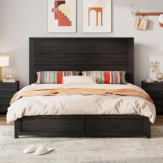 LUXOAK 2 Pcs Bedroom Furniture Sets - Includes 1 X Farmhouse 6 Drawers Dresser, 1X Farmhouse Full Size Bed Frame with 49" Tall Headboard, Wooden Platform Bed with Hidden Metal Bed Frame, Black
