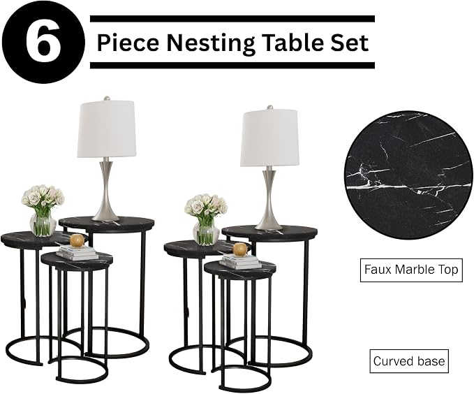 Lavish Home Nesting Tables - Set of 6 Modern Round Side Tables with Faux Marble Tops - Space Saving Accent Table Set for Living Room, Bedroom, or Home Office (Black)