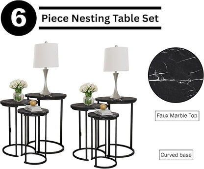 Lavish Home Nesting Tables - Set of 6 Modern Round Side Tables with Faux Marble Tops - Space Saving Accent Table Set for Living Room, Bedroom, or Home Office (Black)