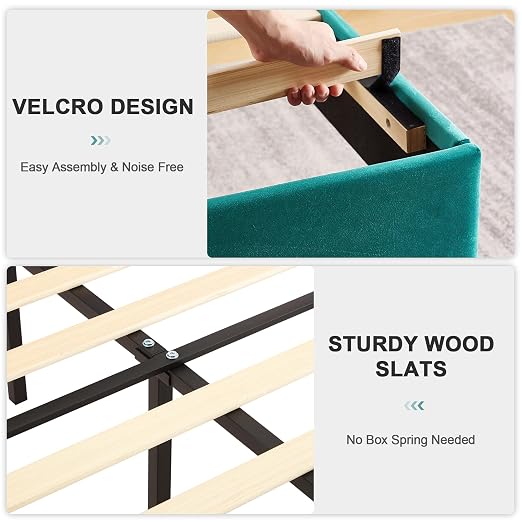 VECELO Full Bed Frame Upholstered Platform with Fabric Headboard,Wooden Slats Support/No Box Spring Needed/Mattress Foundation,Dark Green
