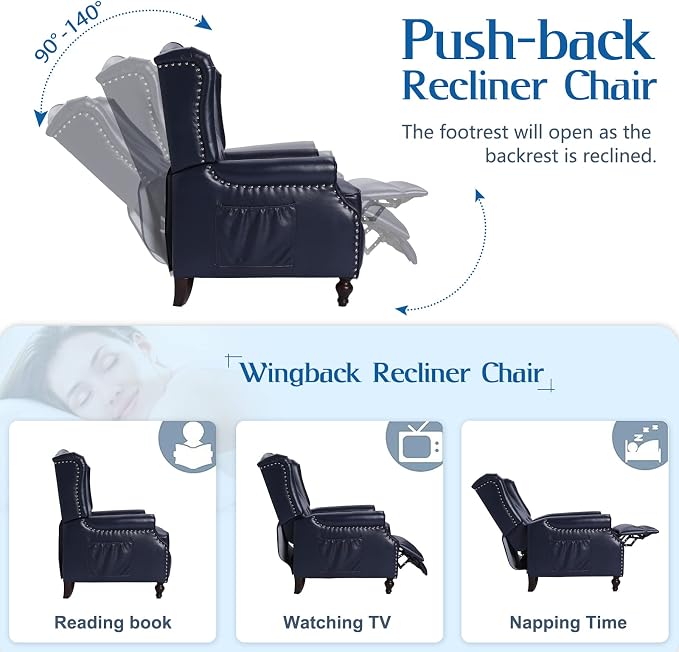 Wingback Recliner Chair with Massage and Heat, PU Leather Push Back Arm Chair for Living Room, Wingback Recliner with Remote Control, Padded Cushion, Backrest, Wooden Legs