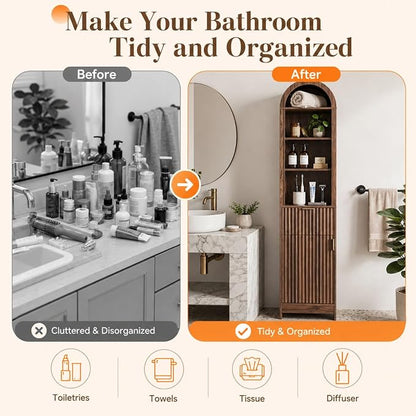 VINGLI Tall Bathroom Storage Cabinet, 66.9" Freestanding Narrow Linen Cabinet with Arched Open Shelves, Drawer & Door, Slim Skinny Wood Cabinet for Bathroom, Living Room, Entryway, Dark Walnut
