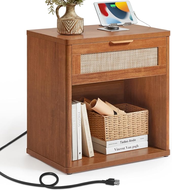 LEYAOYAO Rattan Nightstands Set of 2 with Charging Station, Tea Brown Night Stand with Drawer, 23" Wide Boho Bedside Table with Storage Shelf, Bed Side End Tables for Bedroom, Living Room, Hallway