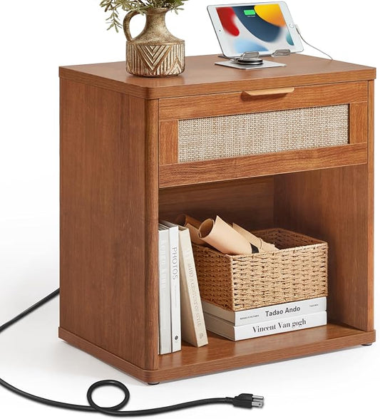 LEYAOYAO Rattan Nightstands Set of 2 with Charging Station, Tea Brown Night Stand with Drawer, 23" Wide Boho Bedside Table with Storage Shelf, Bed Side End Tables for Bedroom, Living Room, Hallway