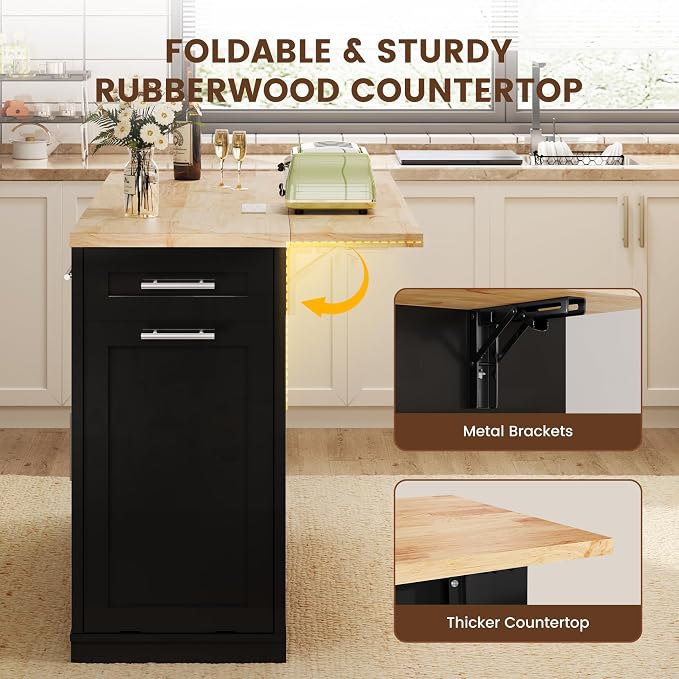 Dripex 53'' Rolling Kitchen Island with Power Outlet, Drop Leaf & Trash Can Storage, Large Island Cart on Wheels with Rubberwood Top, 4 Drawers, Open Shelves, for Kitchen, Dining Room (Black)