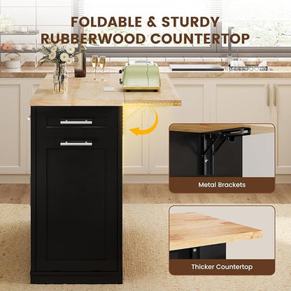 Dripex 53'' Rolling Kitchen Island with Power Outlet, Drop Leaf & Trash Can Storage, Large Island Cart on Wheels with Rubberwood Top, 4 Drawers, Open Shelves, for Kitchen, Dining Room (Black)