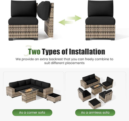 UDPATIO Patio Furniture Set, 8 Inch Armrest Outdoor Sectional Sofa with Wicker Coffee Table, 6 Piece Conversation for Garden, Backyard(Yellow/Black)
