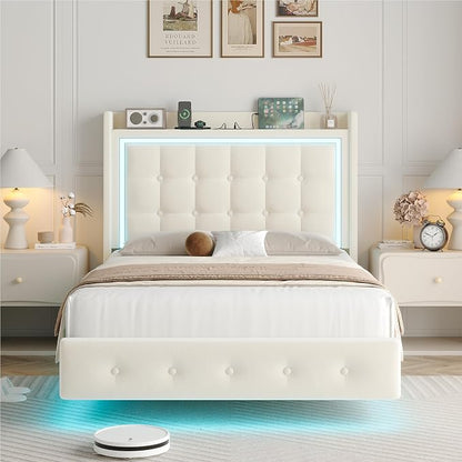 Keyluv Twin Floating Bed Frame with Storage Headboard, LED Lights & Charging Station Platform Bed, Soft Upholstered Velvet, USB/Type-C Ports, Easy Assembly, Beige