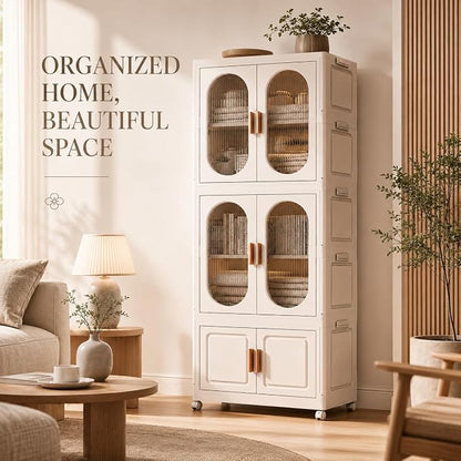 2-Tier Hanging Foldable Closet with Storage Bin, 3-Tier Portable Armoire Organizer, Modular Folding Cabinet with Doors & Wheels for Nursery Room Organization, Clear