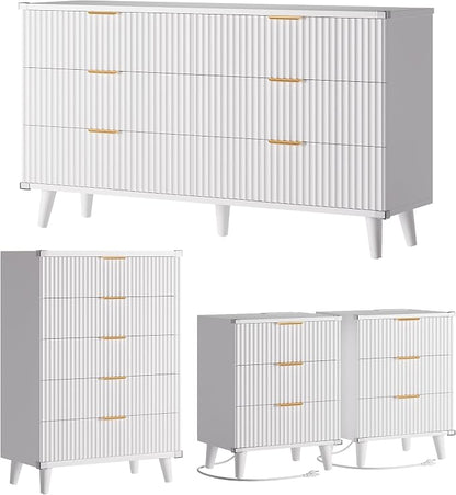 Lulive Modern Dressers and Nightstands Set 4-Piece, 6-Drawer Dresser + 2 Night Stands + 5 Drawers with Charging Station Modern Bedroom Sets Solid Wood Legs White