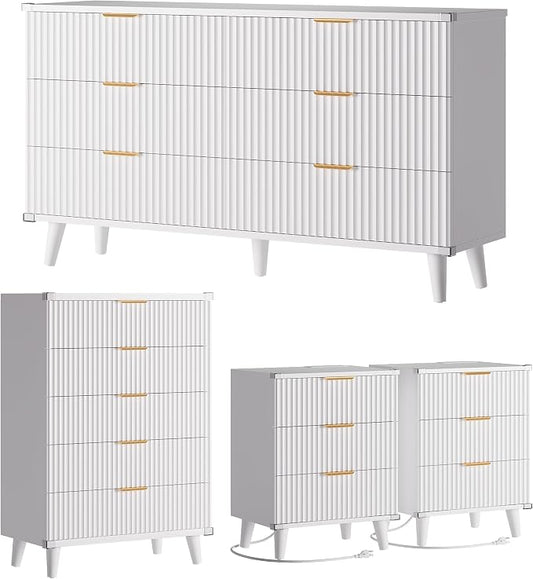 Lulive Modern Dressers and Nightstands Set 4-Piece, 6-Drawer Dresser + 2 Night Stands + 5 Drawers with Charging Station Modern Bedroom Sets Solid Wood Legs White