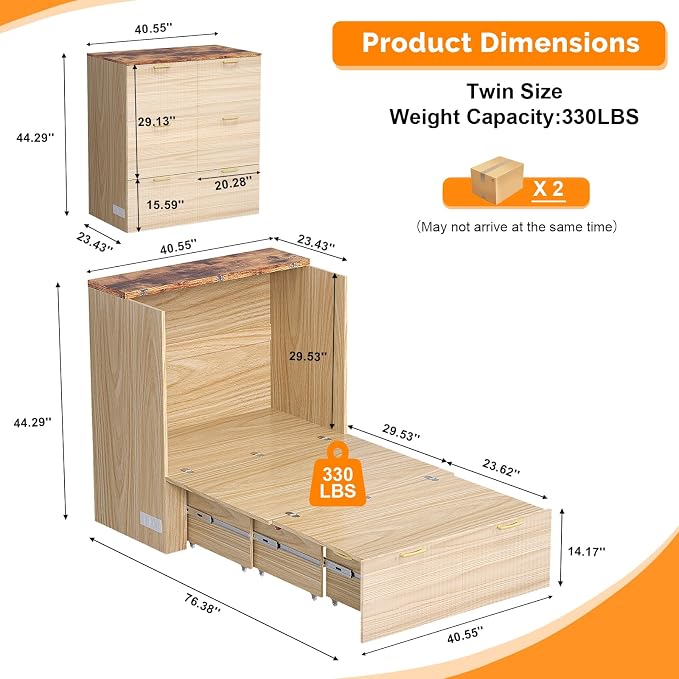 VINGLI Twin Murphy Bed with Storage Drawer,Fluted Wooden Foldable Bed Cabinet with Charging Station,Boho,Hideaway Paltform Panel Bed for Small Spaces,Guest Room,Office,Apartment,Beige