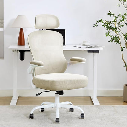 Ergonomic Office Chair,Ultra Thick Spring Cushion Desk Chair,Khaki | Adjustable Lumbar Support and Headrest,Flip-up Arms,Rocking Function,Mesh Home Office Computer Chair