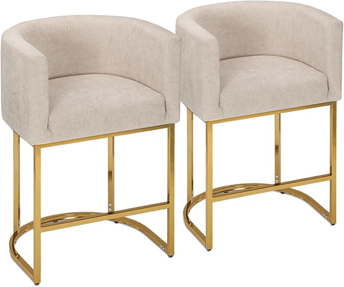 Athena Collection Counter Height Bar Stools Set of 2, 24 Inches Upholstered Barstool Set of 2 with Back and Metal Base, Modern Bar Stool Chairs for Kitchen Island, Dining Room, White