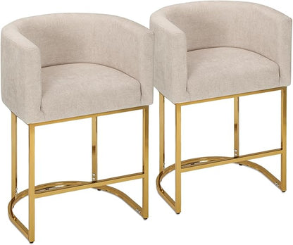 Athena Collection Counter Height Bar Stools Set of 2, 24 Inches Upholstered Barstool Set of 2 with Back and Metal Base, Modern Bar Stool Chairs for Kitchen Island, Dining Room, White